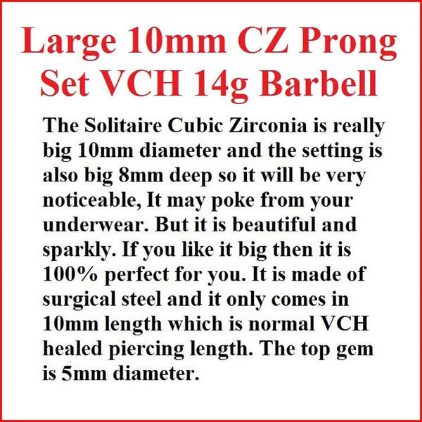 Large 10mm PRONG SET CZ Surgical Steel VCH Barbell.