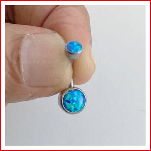 Grade 23 TITANIUM Bezel Set Blue Fire OPAL Internal Threads VCH Barbell.