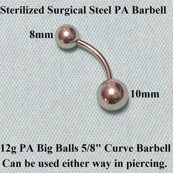 Surgical Steel 12g 5/8" 6mm, 8mm & 10mm BIG Balls PA Curve Barbell.