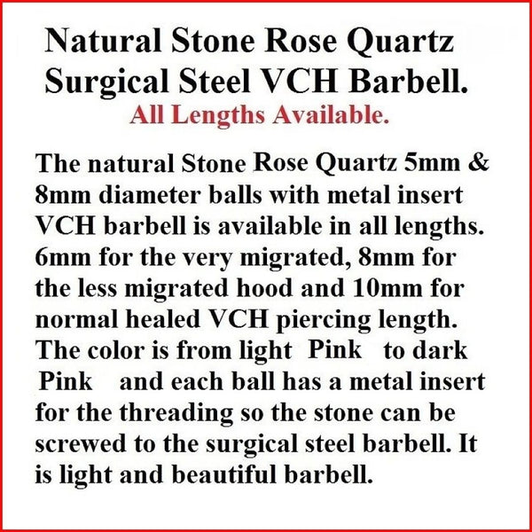 Surgical Steel Natural Love Stone Rose Quartz Stone 14g VCH Barbell.