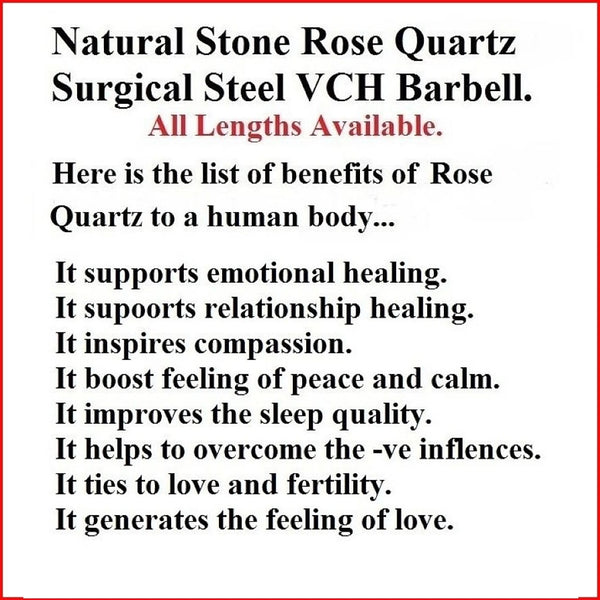 Surgical Steel Natural Love Stone Rose Quartz Stone 14g VCH Barbell.