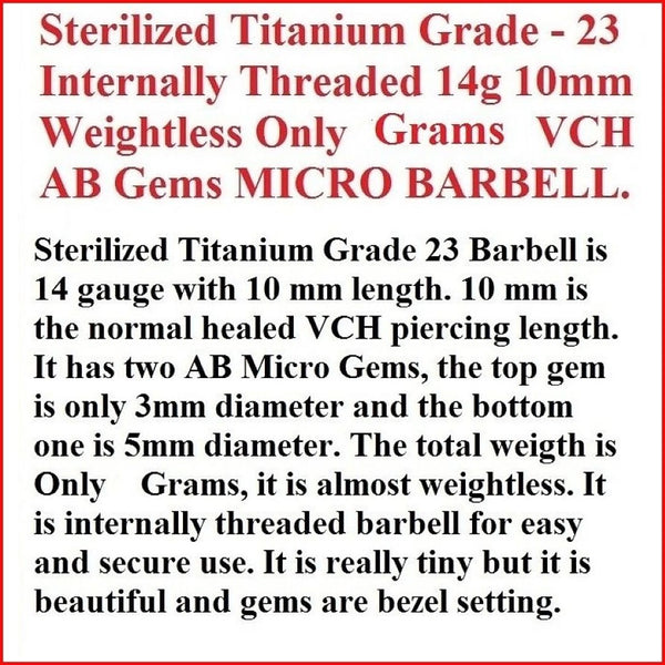 Titanium WEIGHTLESS MICRO AB CZs Internal Threaded VCH Barbell.