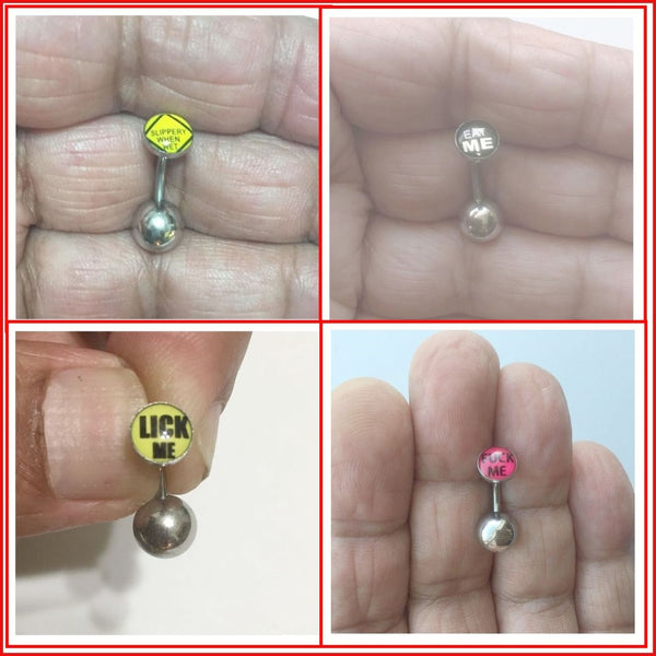 ALL LENGTHS: Surgical Steel LOGOs VCH Barbells with HEAVY BOTTOM BALL.