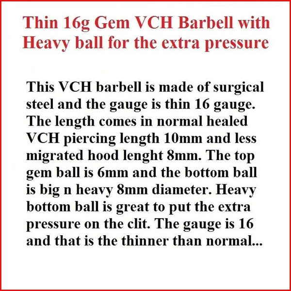 THIN 16g RED & CLEAR CZ TOP with Heavy Ball VCH Barbell.