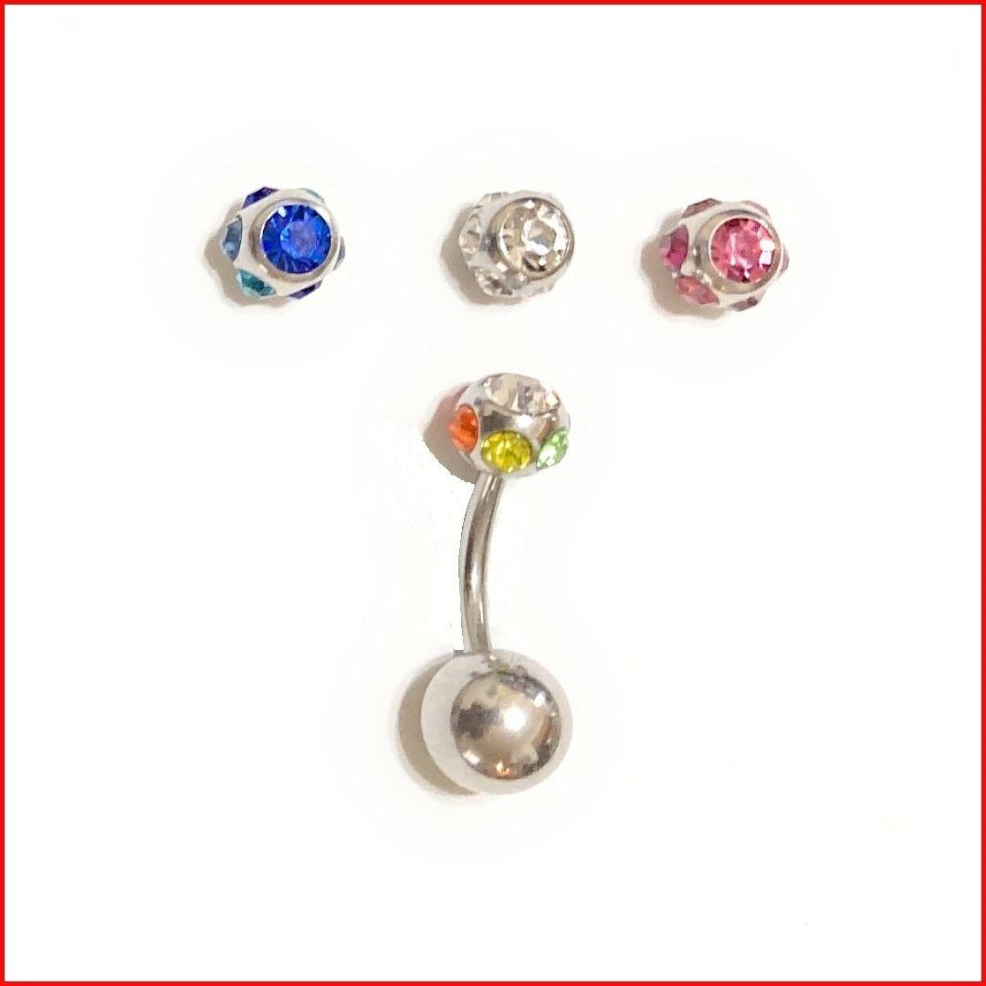 Surgical Steel VCH Barbell with (4) 7 Gems Color TOPS & Big Bottom Ball.